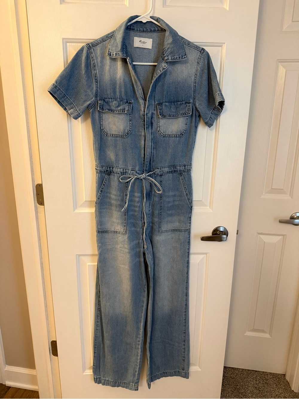 Kut from the Kloth Faded Blue Denim Short-Sleeve Jumpsuit